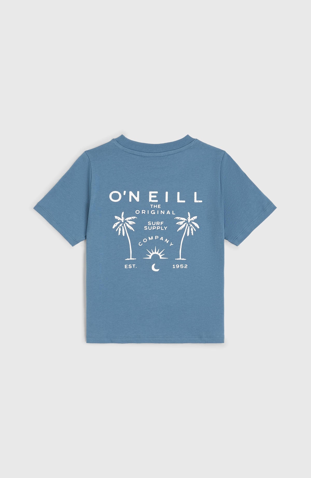 Short Graphic T-Shirt für Mädchen, blau mit Logo-Print in Weiß auf der Rückseite, flach liegend von hinten