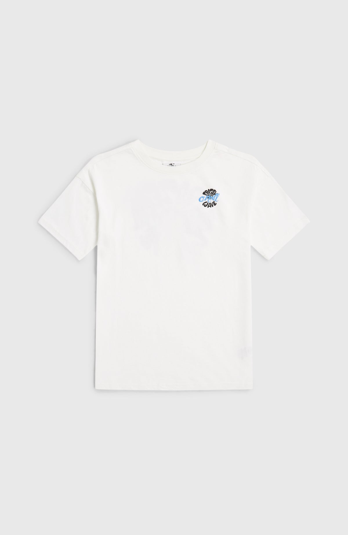 Graphic T-Shirt für Mädchen, weiß mit Grafik-Print in Schwarz und Hellblau, flach liegend von vorne