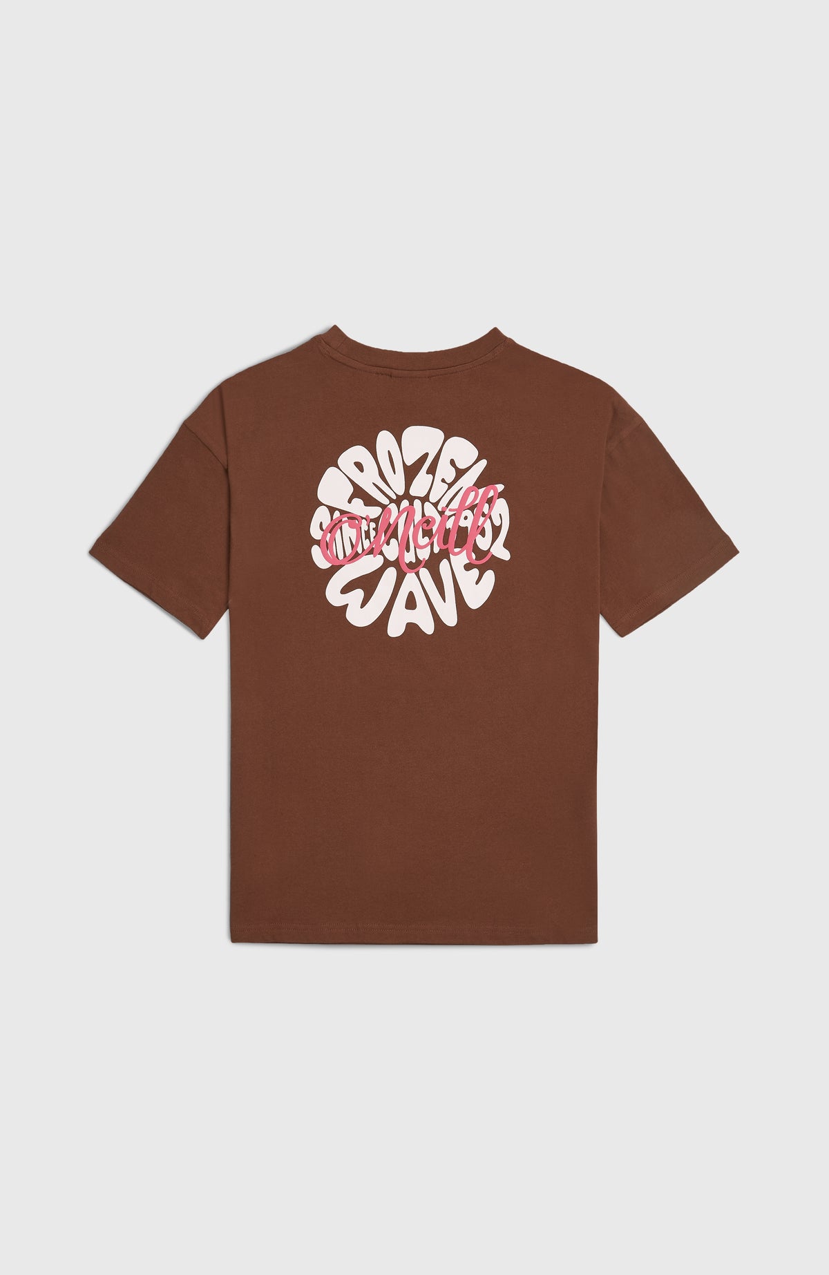 Graphic T-Shirt für Mädchen, braun mit Logo-Print in Weiß und Pink, flach liegend von hinten