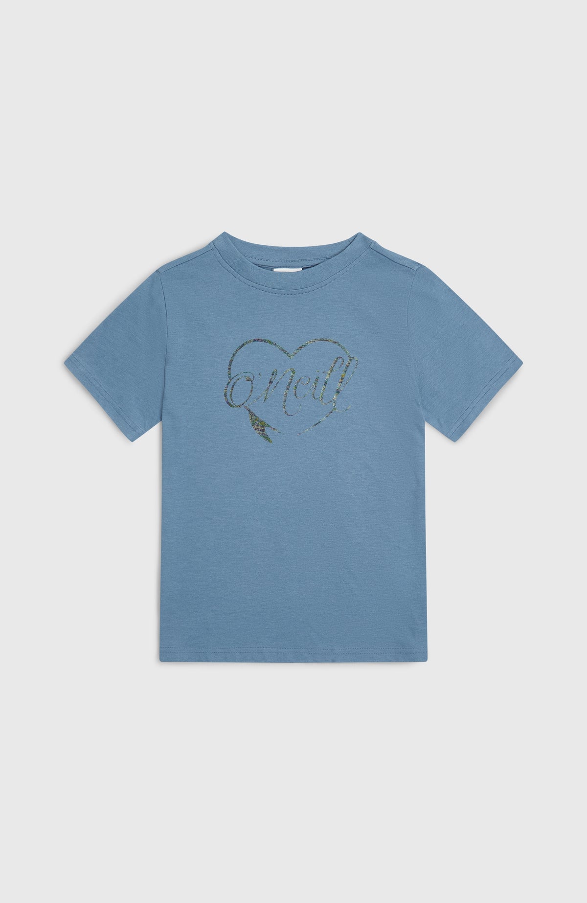 O'Neill Essentials T-Shirt für Mädchen, blau mit Logo-Print, flach liegend von vorne