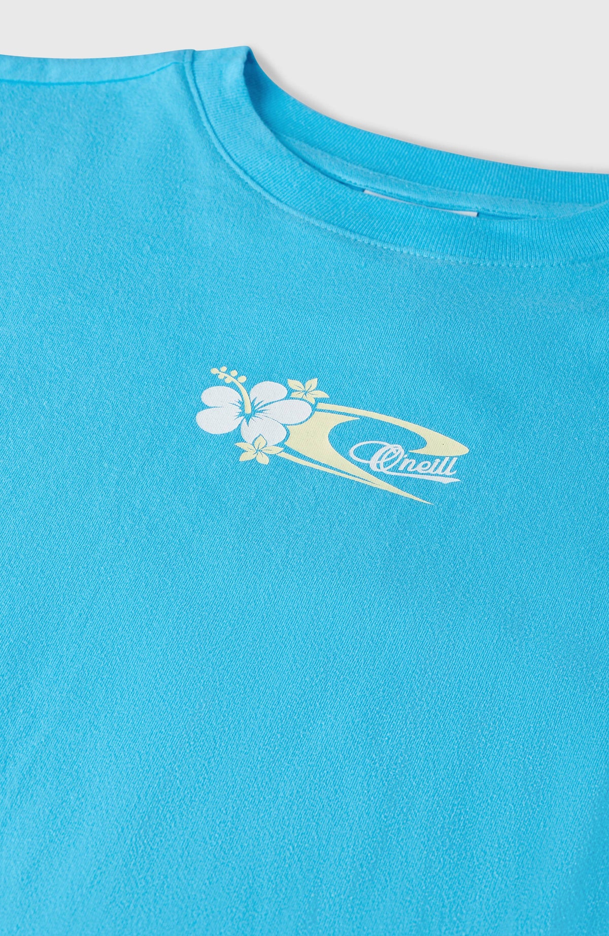 Nahaufnahme von Rundhalsausschnitt und Grafik-Print in Weiß und Gelb des blauen Back Print T-Shirt für Mädchen