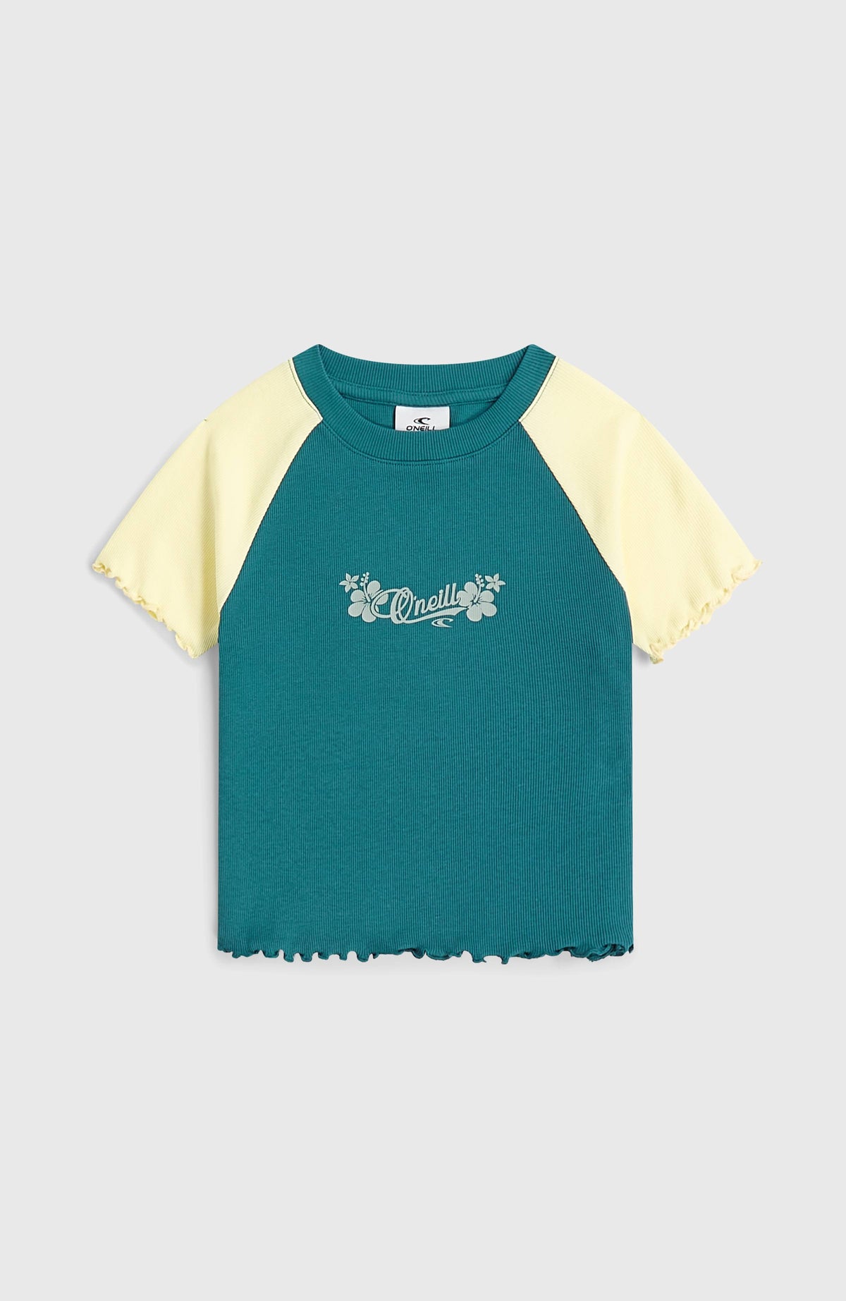 Colour-Block Rib T-Shirt für Mädchen, grün mit Logo-Print in Hellgelb, flach liegend von vorne
