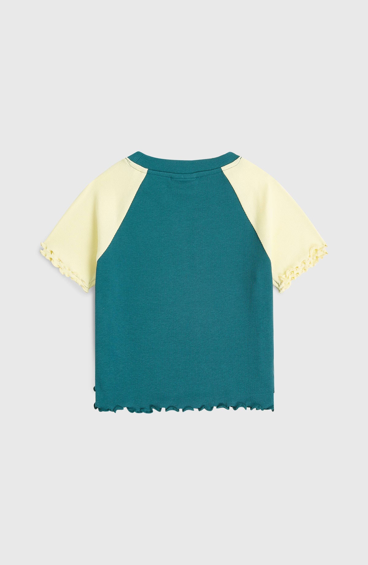 Colour-Block Rib T-Shirt für Mädchen, grün, flach liegend von hinten, Raglanärmel und Wellensaum
