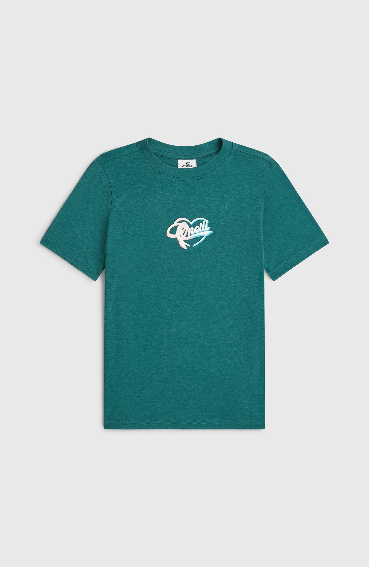 Script T-Shirt für Mädchen, grün mit Logo-Print in Weiß und Blau, flach liegend von vorne fotografiert