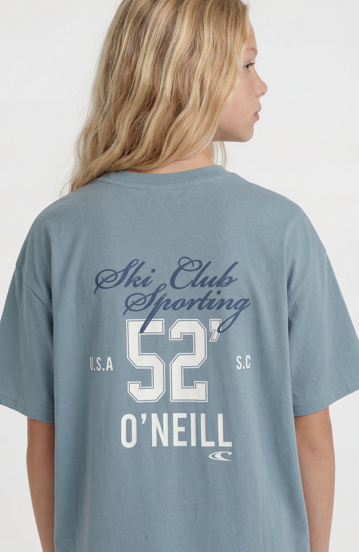 Back-Print T-Shirt für Mädchen, blau, Rückansicht am Model mit großem Rückenprint