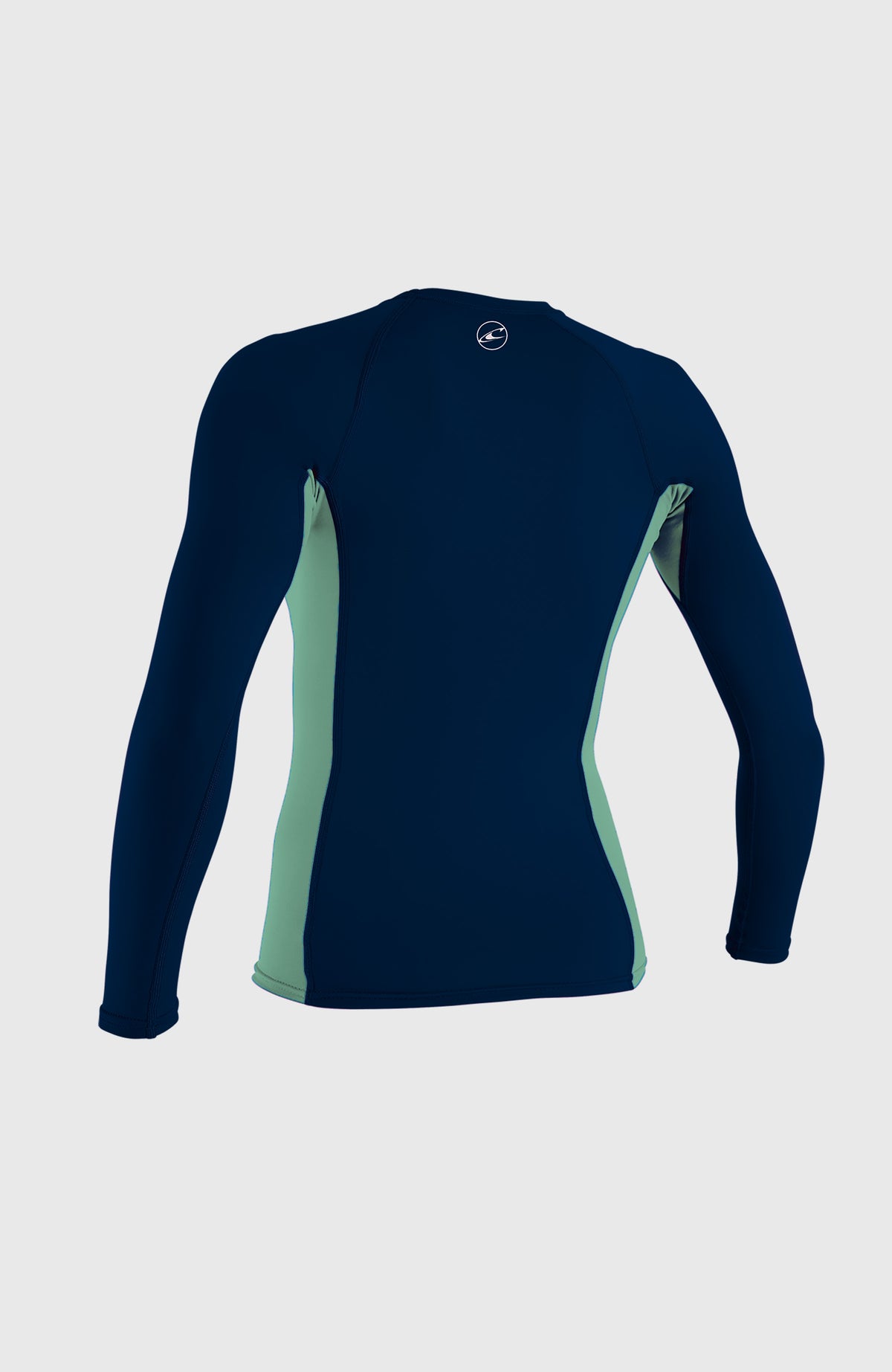 Skins Long Sleeve Crew für Mädchen, blaues Schwimmshirt, freigestellt von hinten, kleines Logo am Kragen