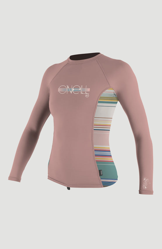 O'Neill Skins Long Sleeve Crew Schwimmshirt für Mädchen, pink mit Streifenmuster in Bunt, freigestellt von vorne