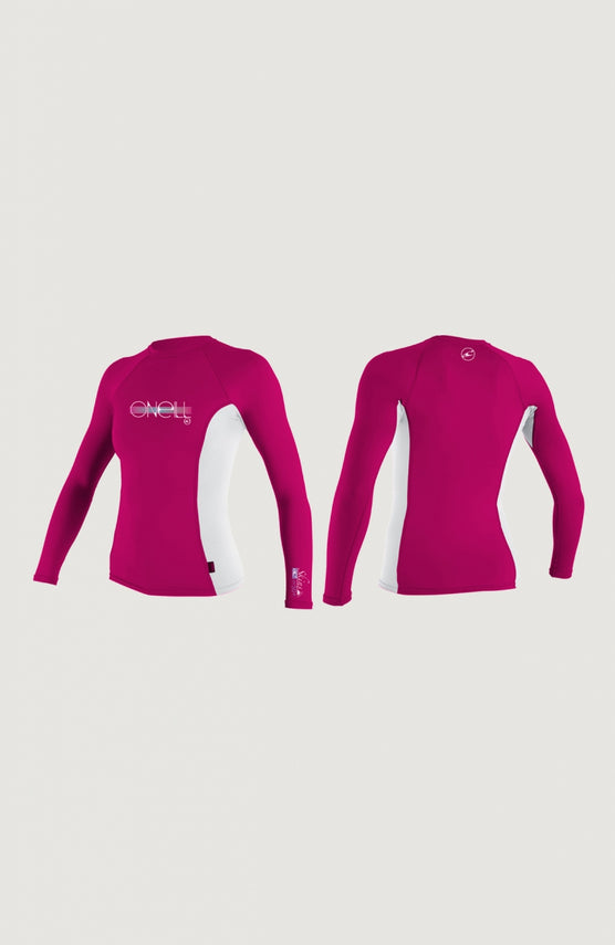 O'Neill Skins Long Sleeve Crew Schwimmshirt für Mädchen, pink mit Logo-Print in Weiß, Vorder- und Rückansicht