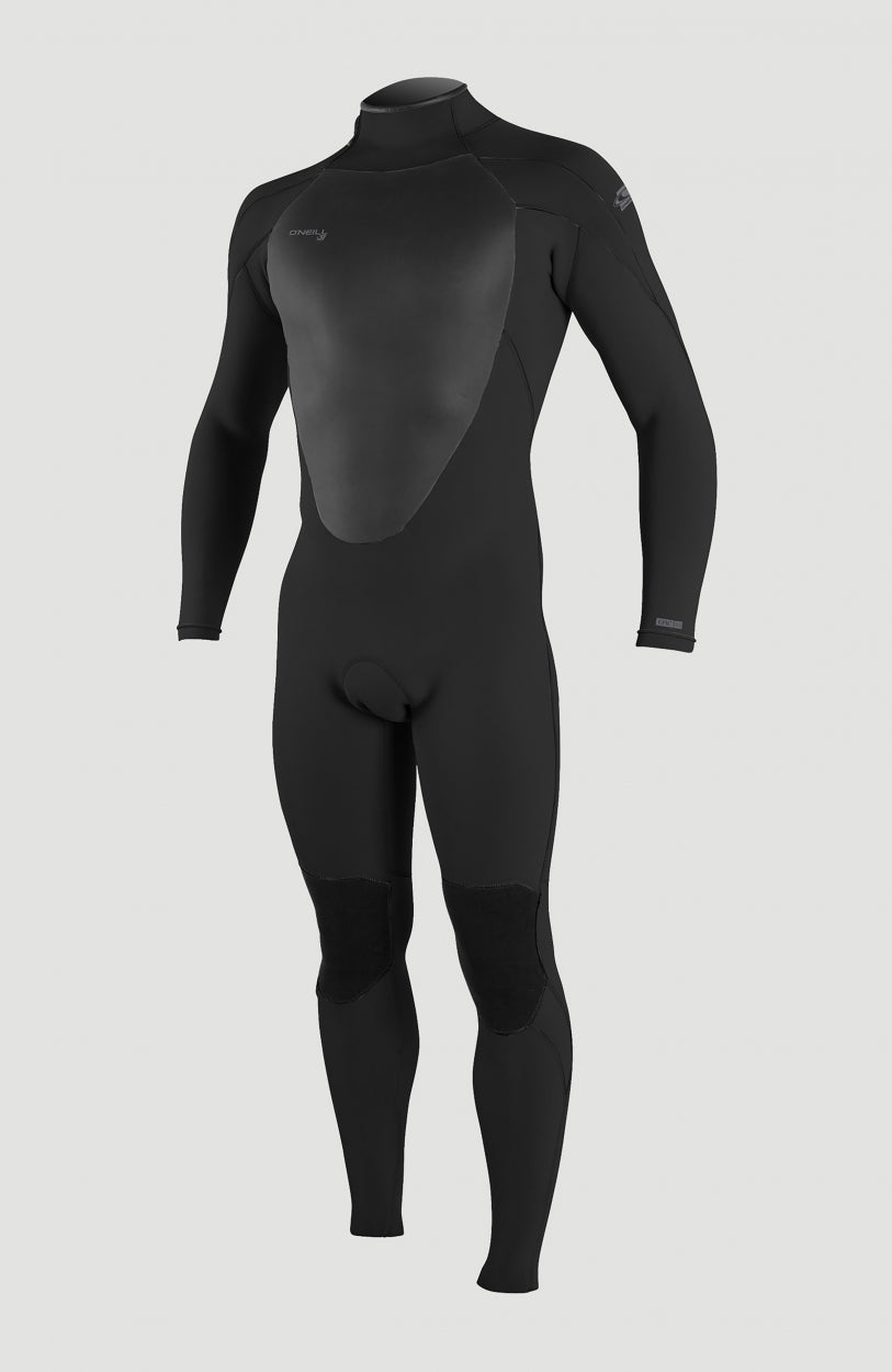 Epic 3/2mm Back Zip Full Wetsuit Neoprenanzug für Herren, schwarz, freigestellt, Vorderansicht mit Logo-Print