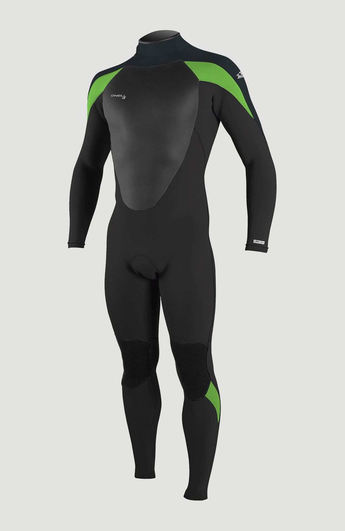 O'Neill Epic 3/2mm Back Zip Full Wetsuit Neoprenanzug für Herren, schwarz, freigestellt von vorne