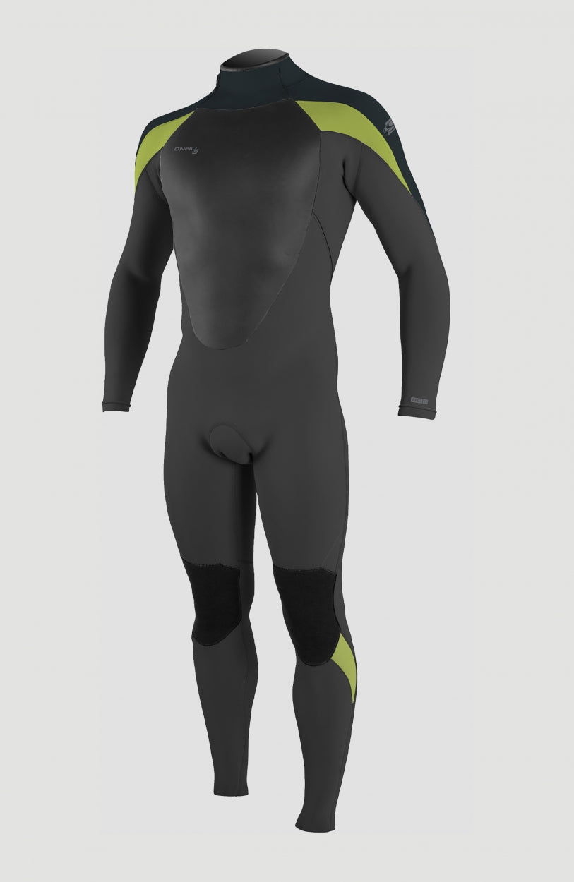 Epic 4/3mm Back Zip Full Wetsuit Neoprenanzug für Herren, schwarz, freigestellt in Frontansicht mit Logo-Print
