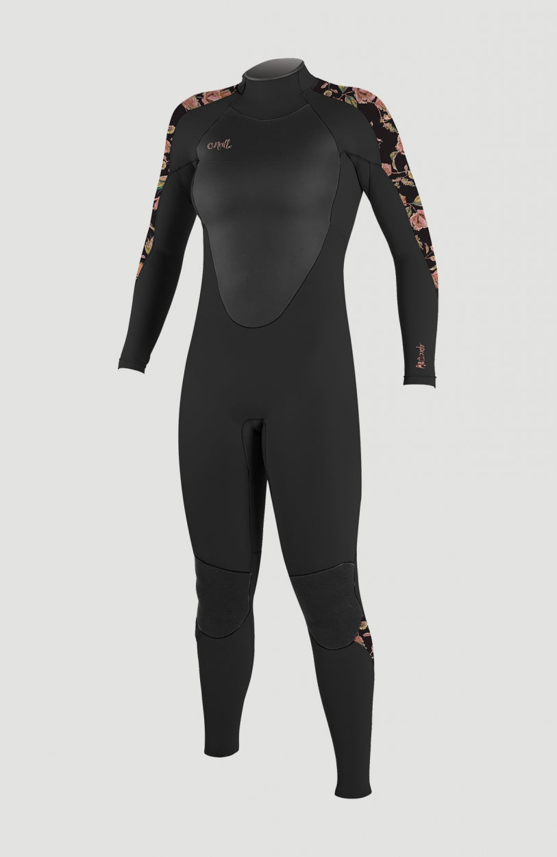 O'Neill Epic 4/3mm Back Zip Full Wetsuit Neoprenanzug für Damen, schwarz mit Blumenmuster in Rosa, Vorderansicht