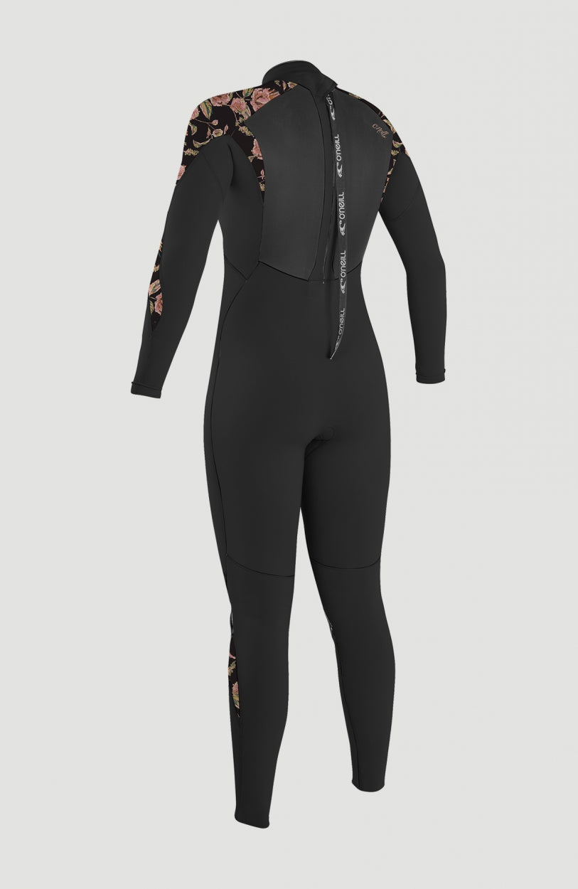 Epic 4/3mm Back Zip Full Wetsuit Neoprenanzug für Damen, schwarz mit Blumenmuster in Rosa, Rückansicht mit Reißverschluss