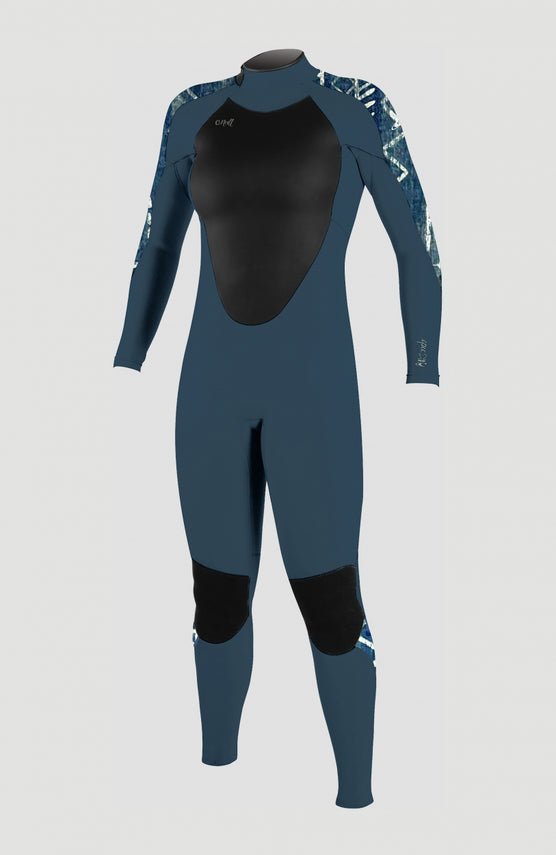 O'Neill Epic 4/3mm Back Zip Full Wetsuit Neoprenanzug für Damen, blau mit Streifenmuster in Weiß, freigestellt von vorne
