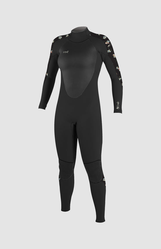 O'Neill Epic 4/3mm Back Zip Full Wetsuit Neoprenanzug für Damen, schwarz mit Blumenmuster in Mehrfarbig, Vorderansicht