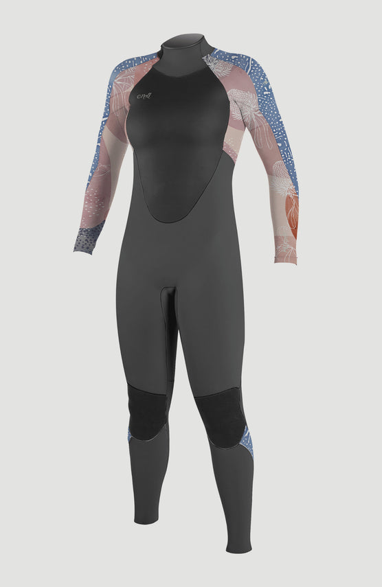 O'Neill Epic 5/4mm Back Zip Full Wetsuit Neoprenanzug für Damen, grau mit Blumenmuster in Rosa und Blau, Vorderansicht