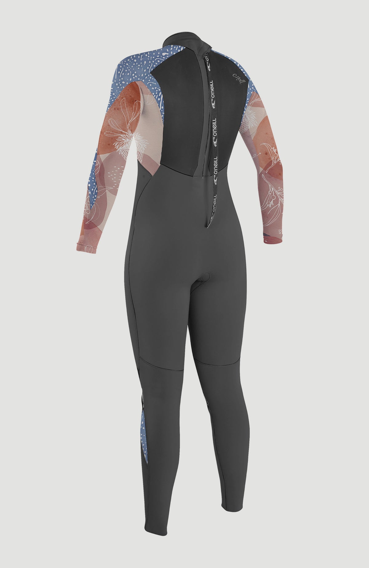 Epic 5/4mm Back Zip Full Wetsuit Neoprenanzug für Damen, grau mit Blumenmuster, Rückansicht mit Reißverschluss