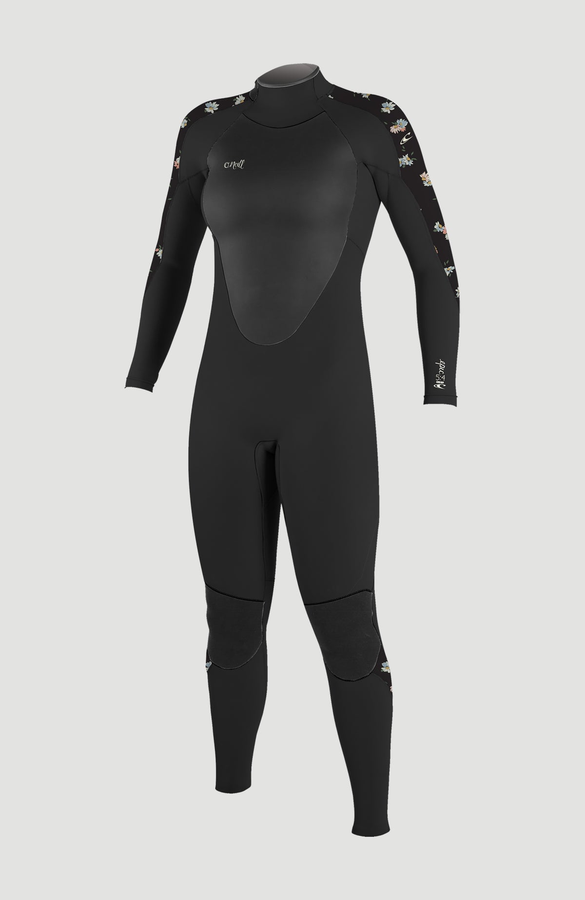 O'Neill Epic 5/4mm Back Zip Full Wetsuit Neoprenanzug für Damen, schwarz mit Blumenmuster in Mehrfarbig, Vorderansicht