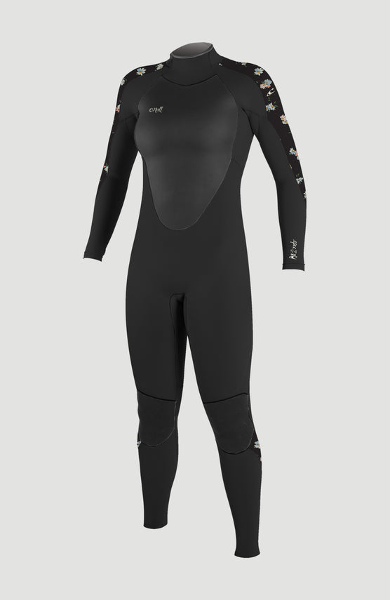 O'Neill Epic 5/4mm Back Zip Full Wetsuit Neoprenanzug für Damen, schwarz mit Blumenmuster in Mehrfarbig, Vorderansicht