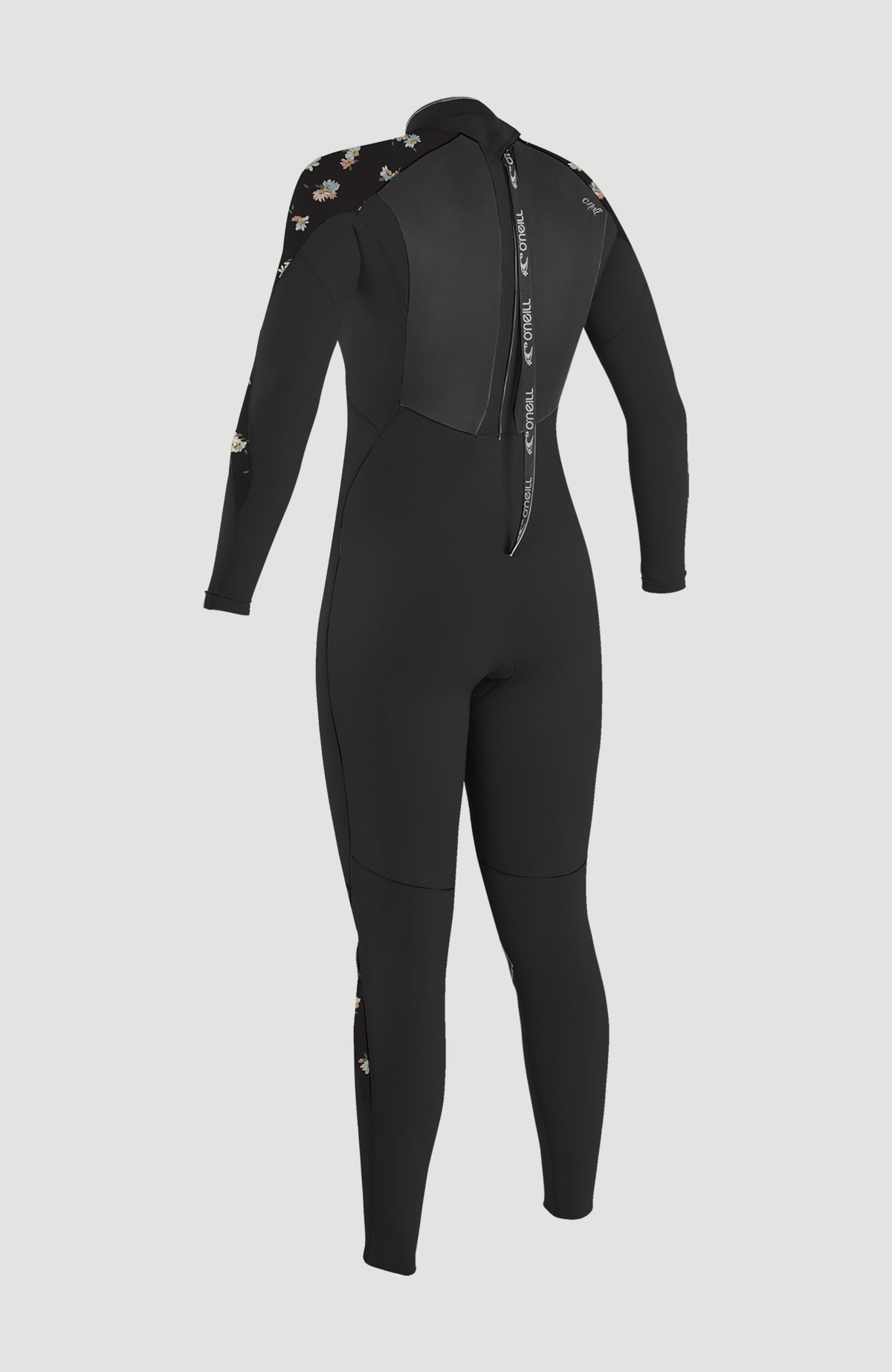 Epic 5/4mm Back Zip Full Wetsuit Neoprenanzug, schwarz mit Blumenmuster in Mehrfarbig, Reißverschluss an der Rückseite