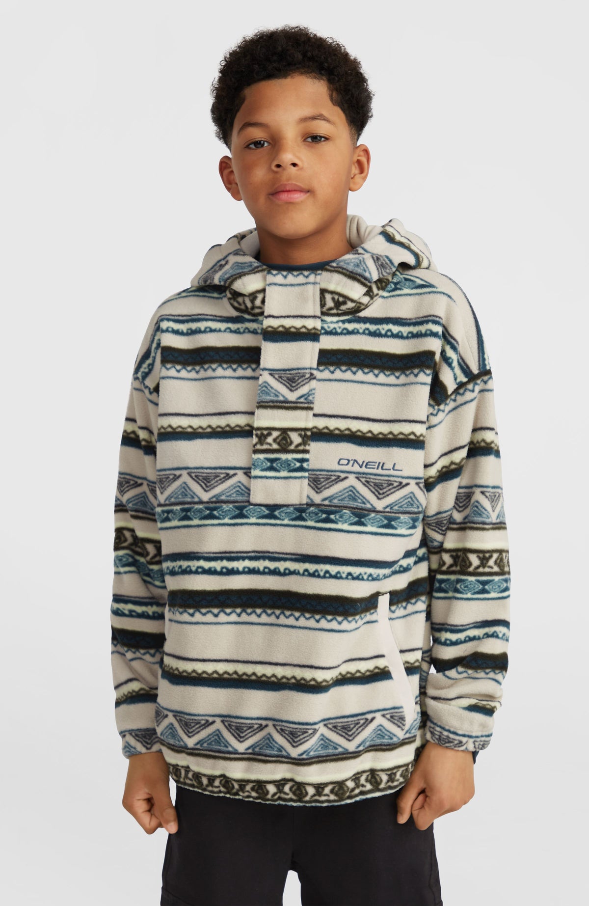 Superfleece Hoodie mit Halbreißverschluss | Grey Ikat Stripe