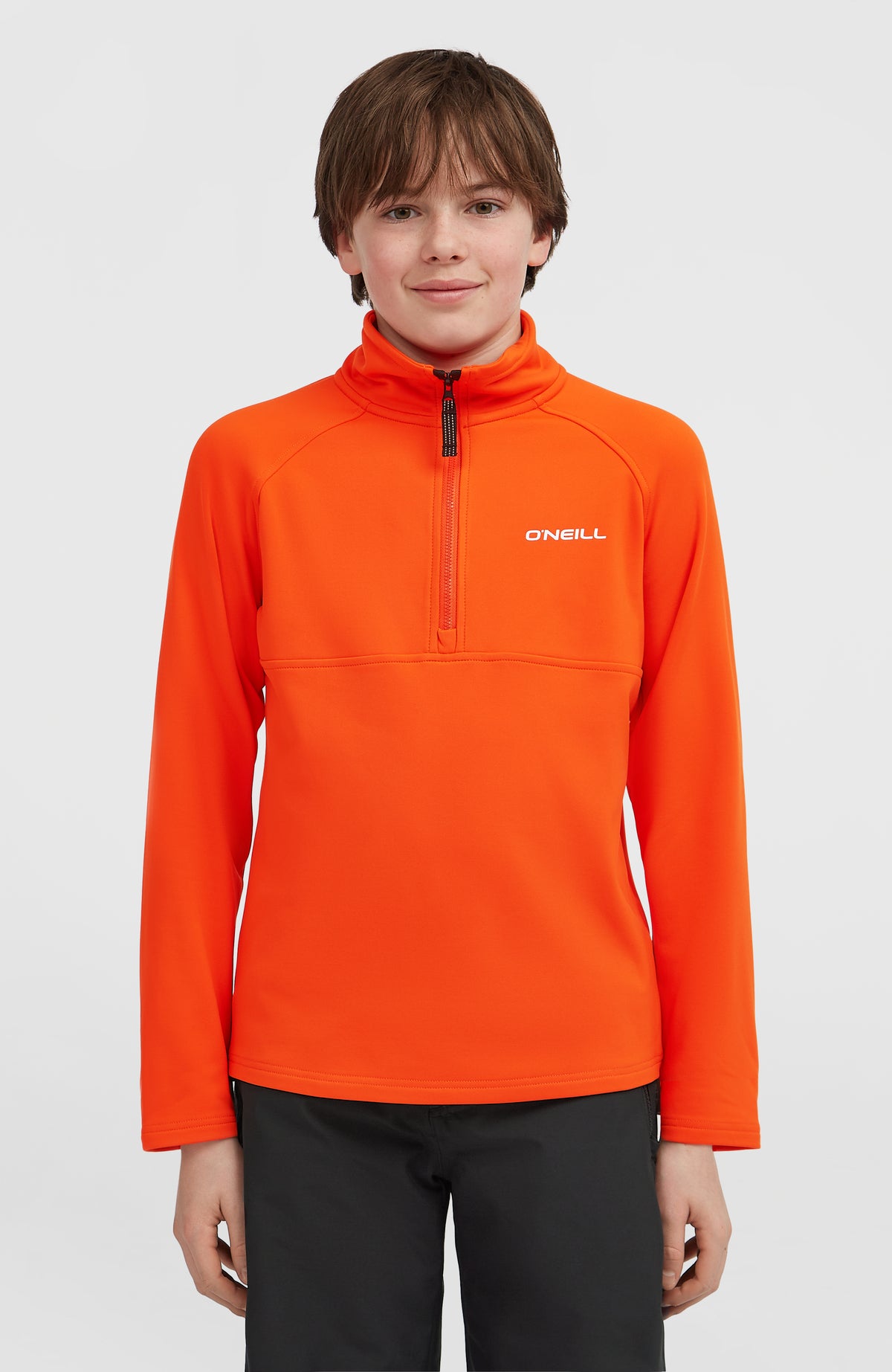 O'Neill FWC'Cruz Fleecepullover für Jungen, rot, Vorderansicht am Model mit kurzem Reißverschluss