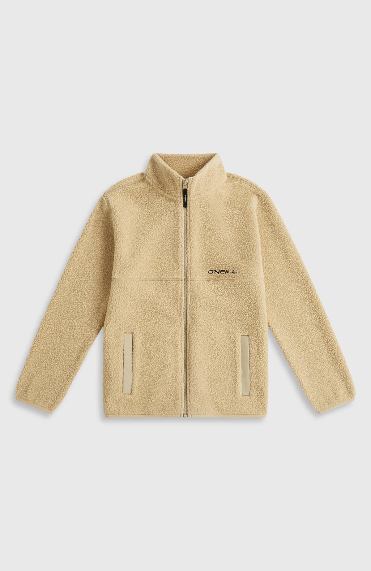 Flauschige Fleecejacke mit Reißverschluss für Jungen, beige, flach liegend von vorne mit Seitentaschen
