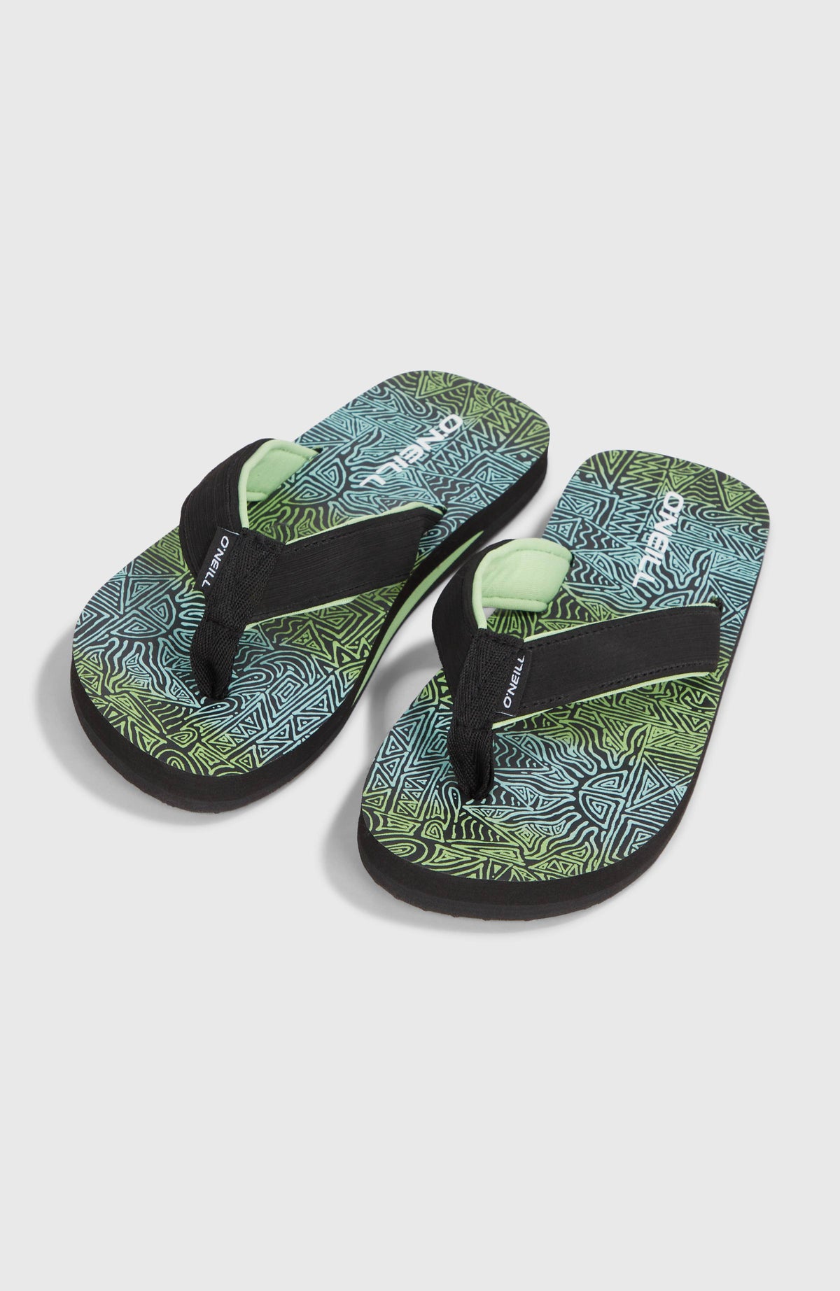 O'Neill Koosh Graphic Sandalen für Jungen, blau mit Grafikmuster in Grün, freigestellt von schräg oben