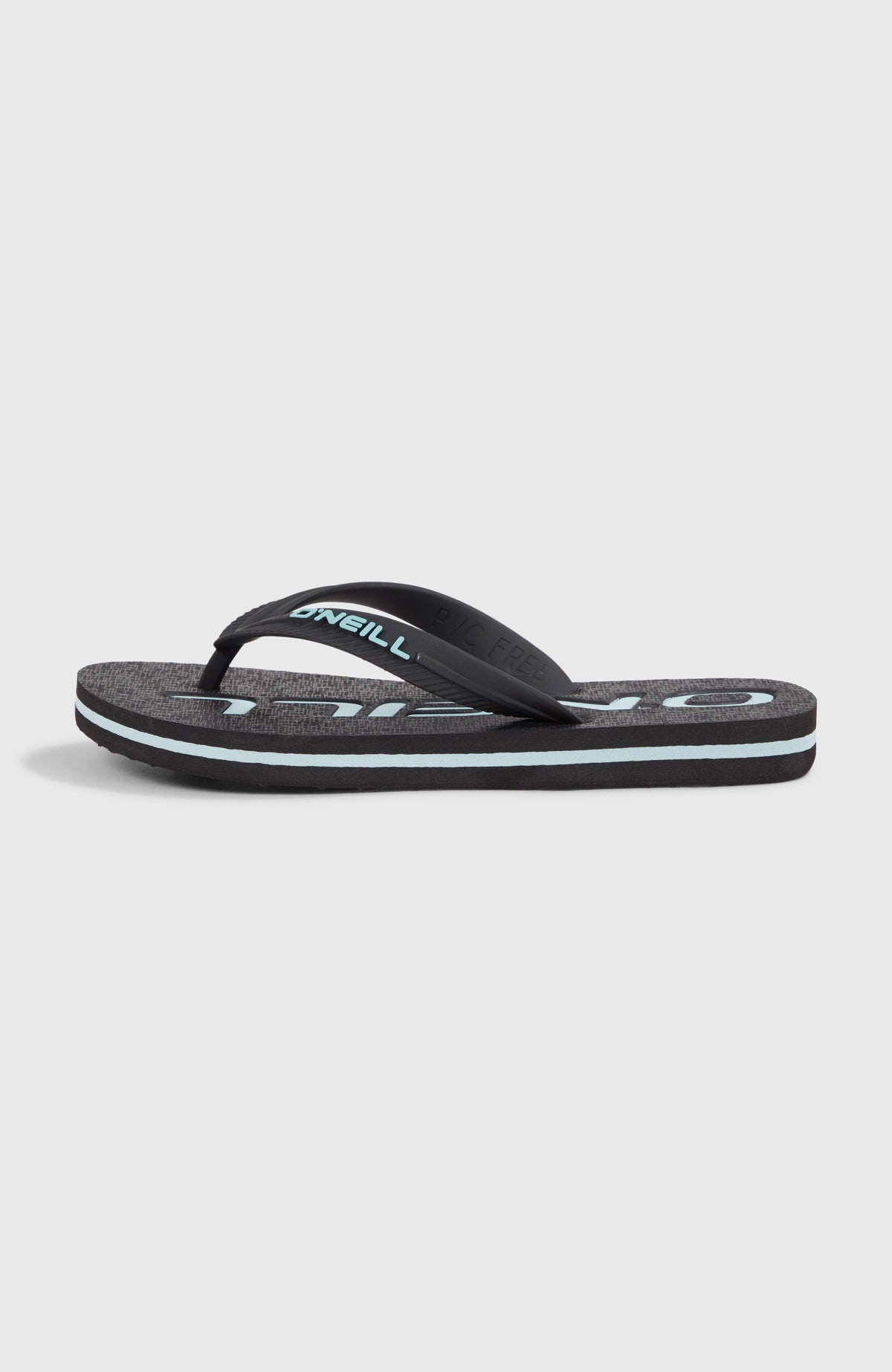 Profile Logo Sandalen für Jungen, schwarz mit Logo-Print in Hellblau, freigestellt von der Seite mit Kontraststreifen