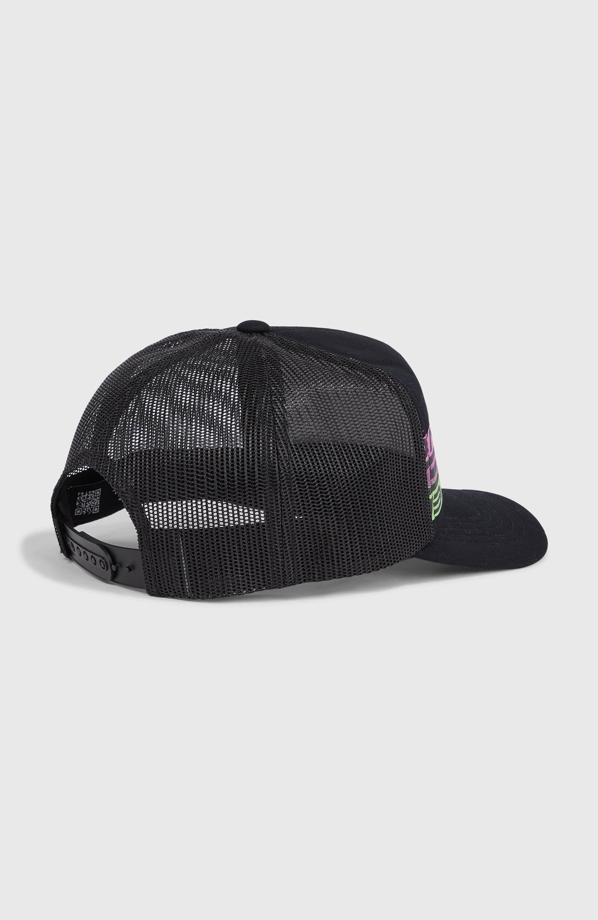 Flood Trucker Cap für Jungen, schwarz mit Logo-Print in Pink und Grün, Rückansicht mit Snapback-Verschluss