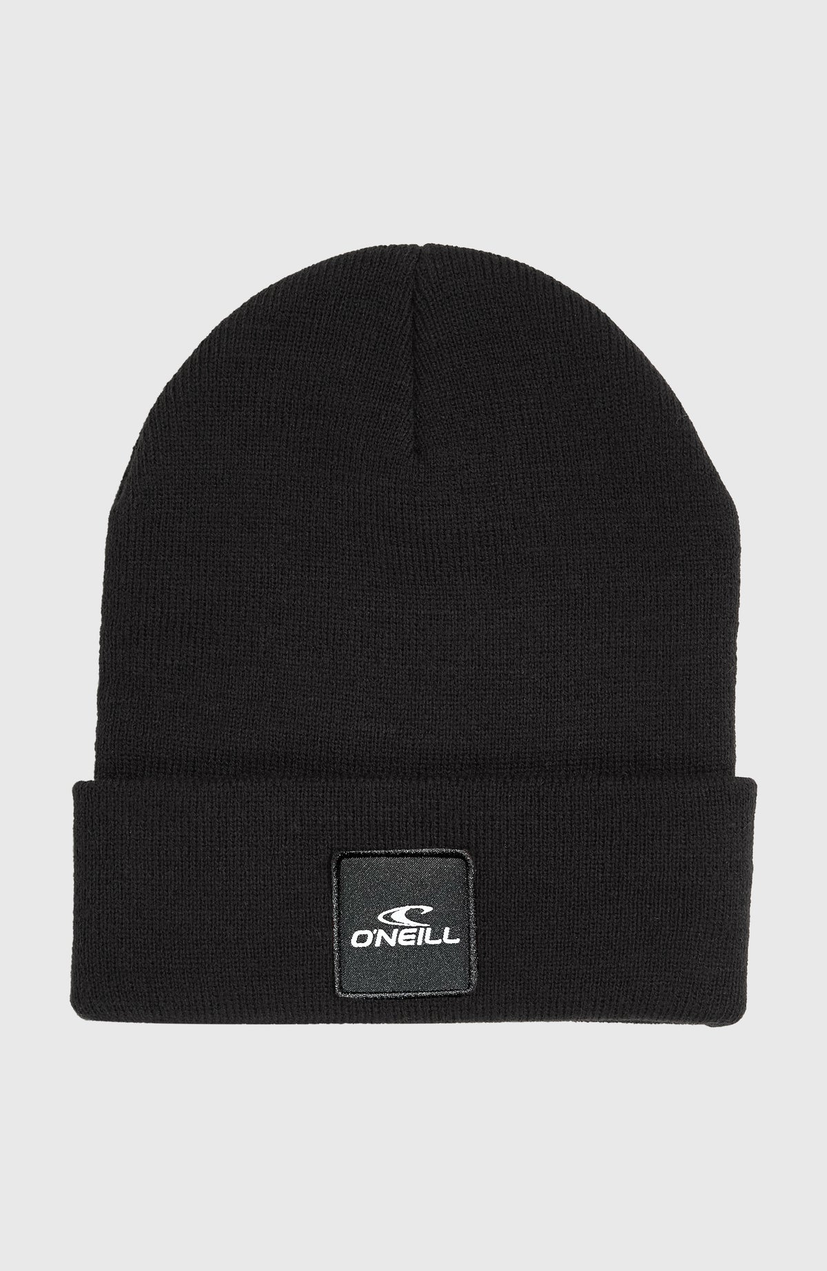 O'Neill Snow Beanie für Jungen, schwarz, freigestellt in Vorderansicht mit Logo-Patch am umgeschlagenen Saum