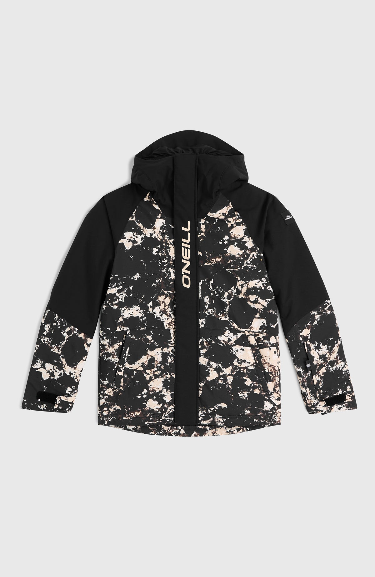 FWC'Play Ski- und Snowboardjacke für Jungen, schwarz mit Marmormuster in Beige, flach liegend von vorne