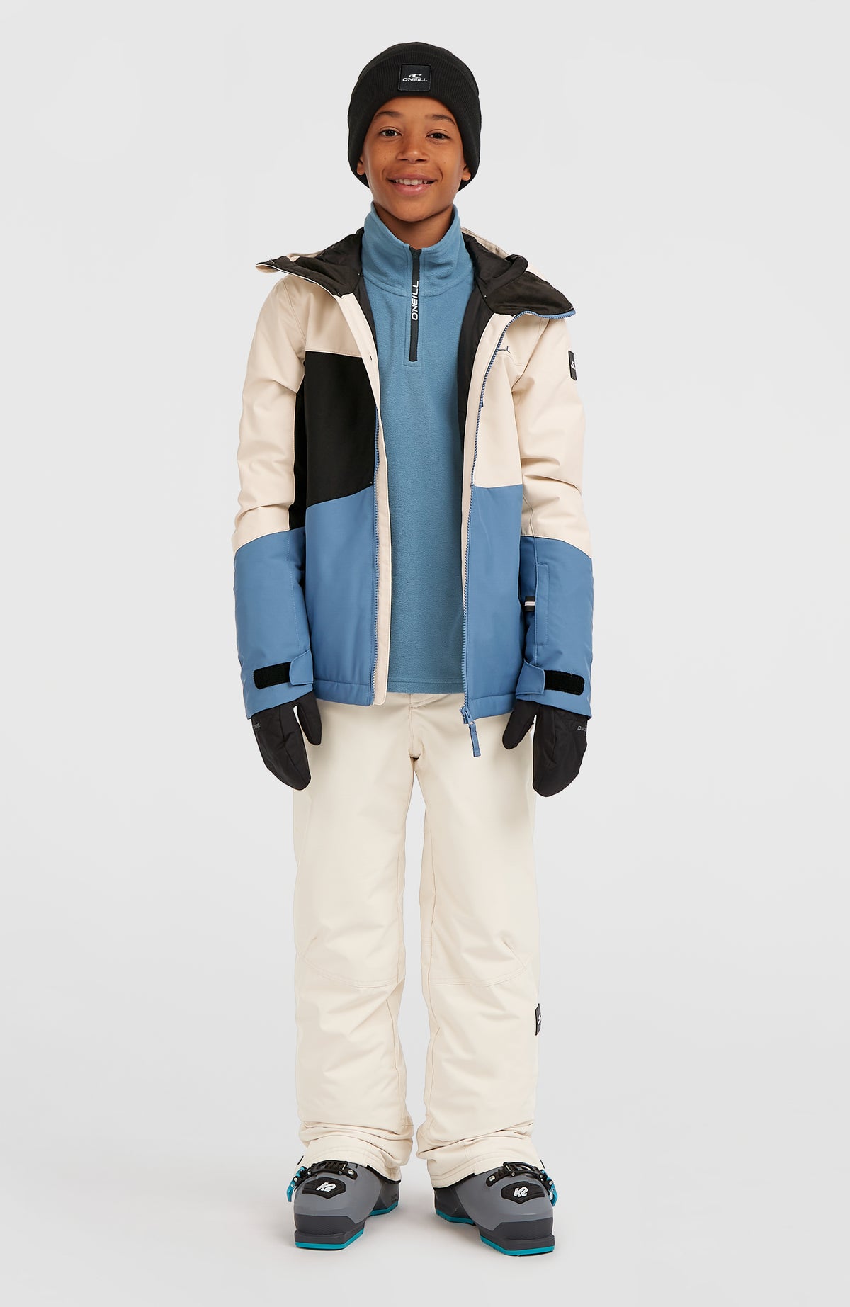 FWC'Cruz Triple Skijacke für Jungen in Beige-Mix, Ganzkörperansicht am Model mit geöffnetem Frontreißverschluss