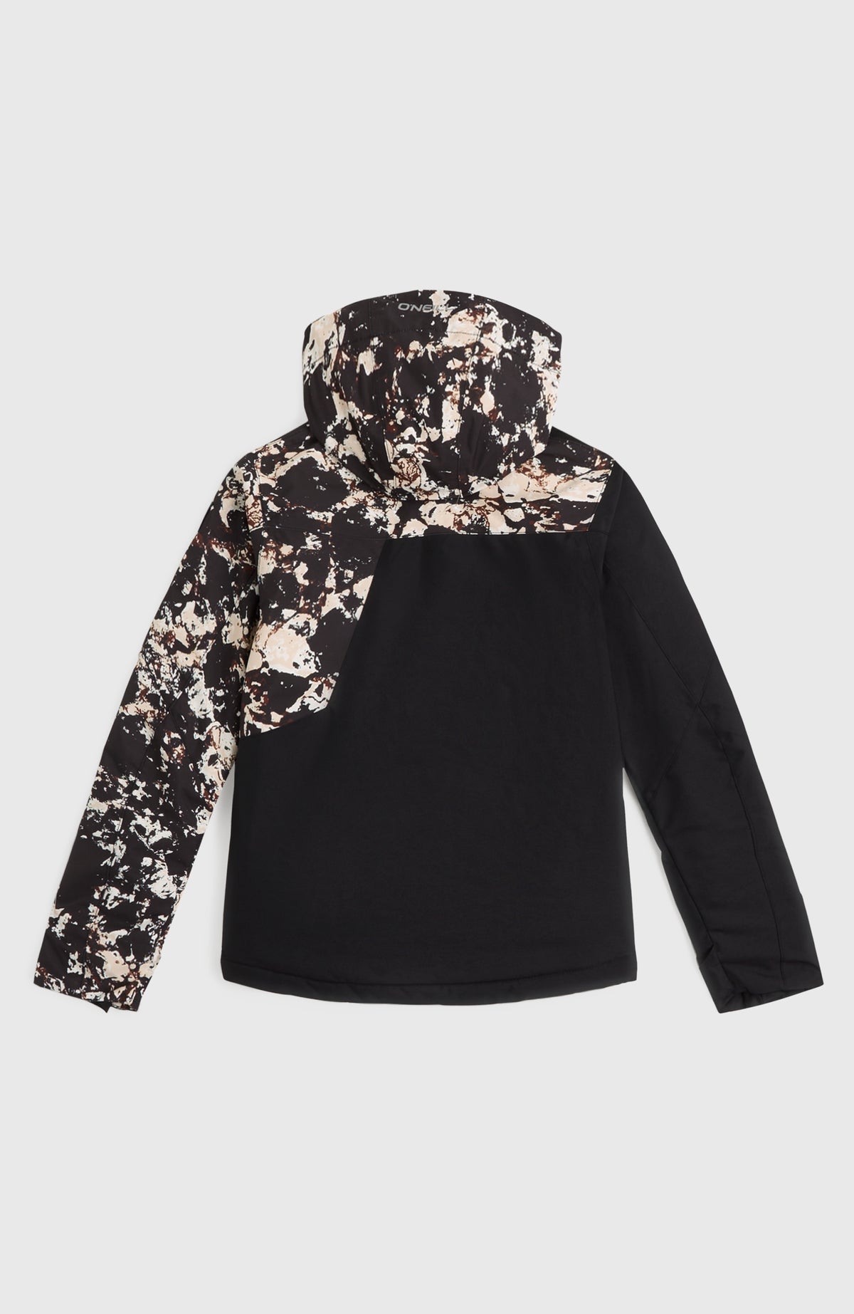 Schwarze FWC'Cruz Block Skijacke für Jungen mit Muster in Beige, flach liegend von hinten, Kapuze mit Logo