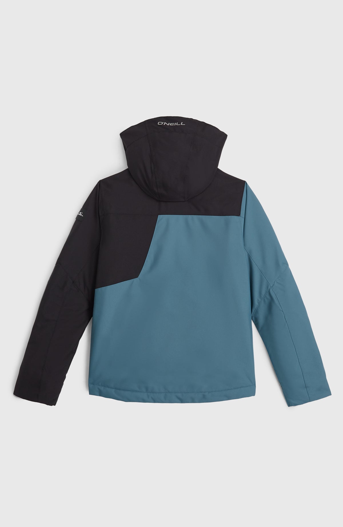 FWC'Cruz Block Skijacke für Jungen, schwarz, flach liegend in Rückenansicht mit Kapuze und Farbblock-Einsatz