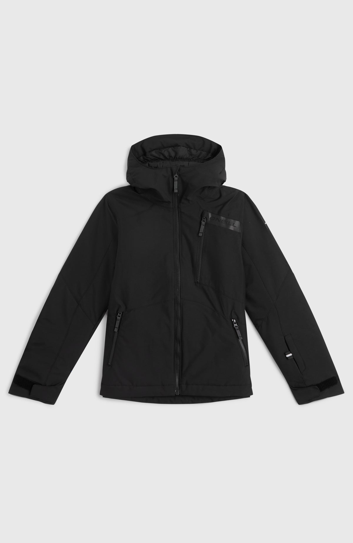 Schwarze FWC'Cruz Skijacke für Jungen, flach liegend von vorne mit Brusttasche