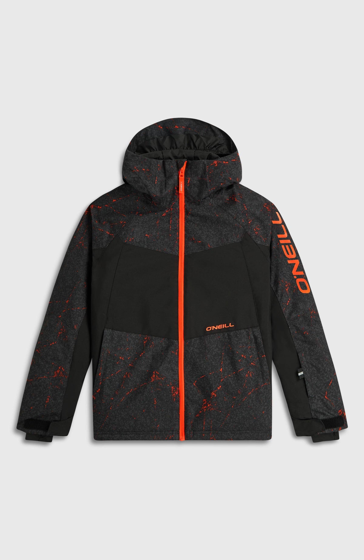 FWC'Cruz Mean Machine Skijacke, schwarz mit Sprenkelmuster in Orange, flach liegend von vorne mit Reißverschluss