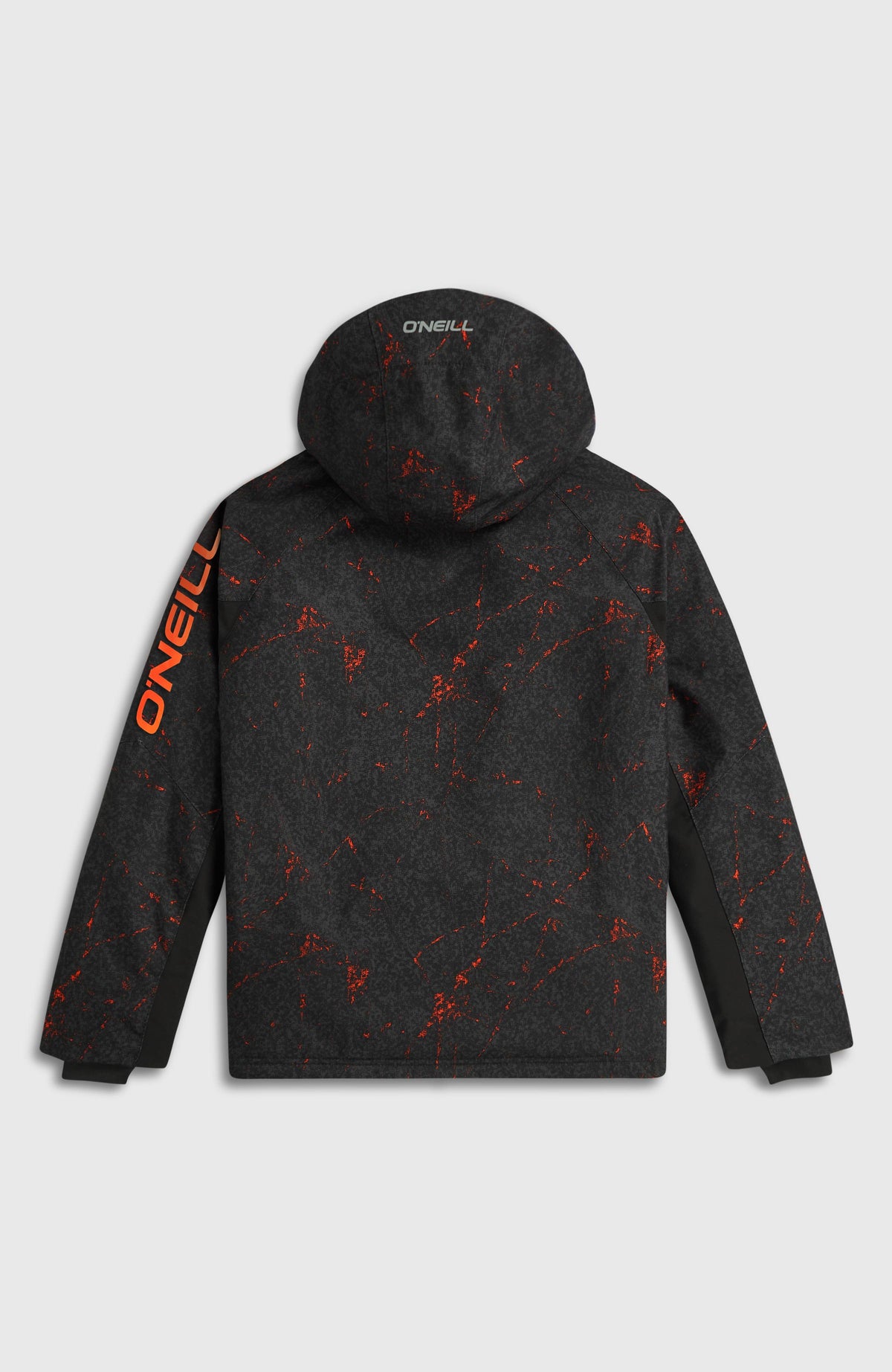Schwarze FWC'Cruz Mean Machine Skijacke mit Sprenkelmuster in Orange, flach liegend von hinten mit Kapuze