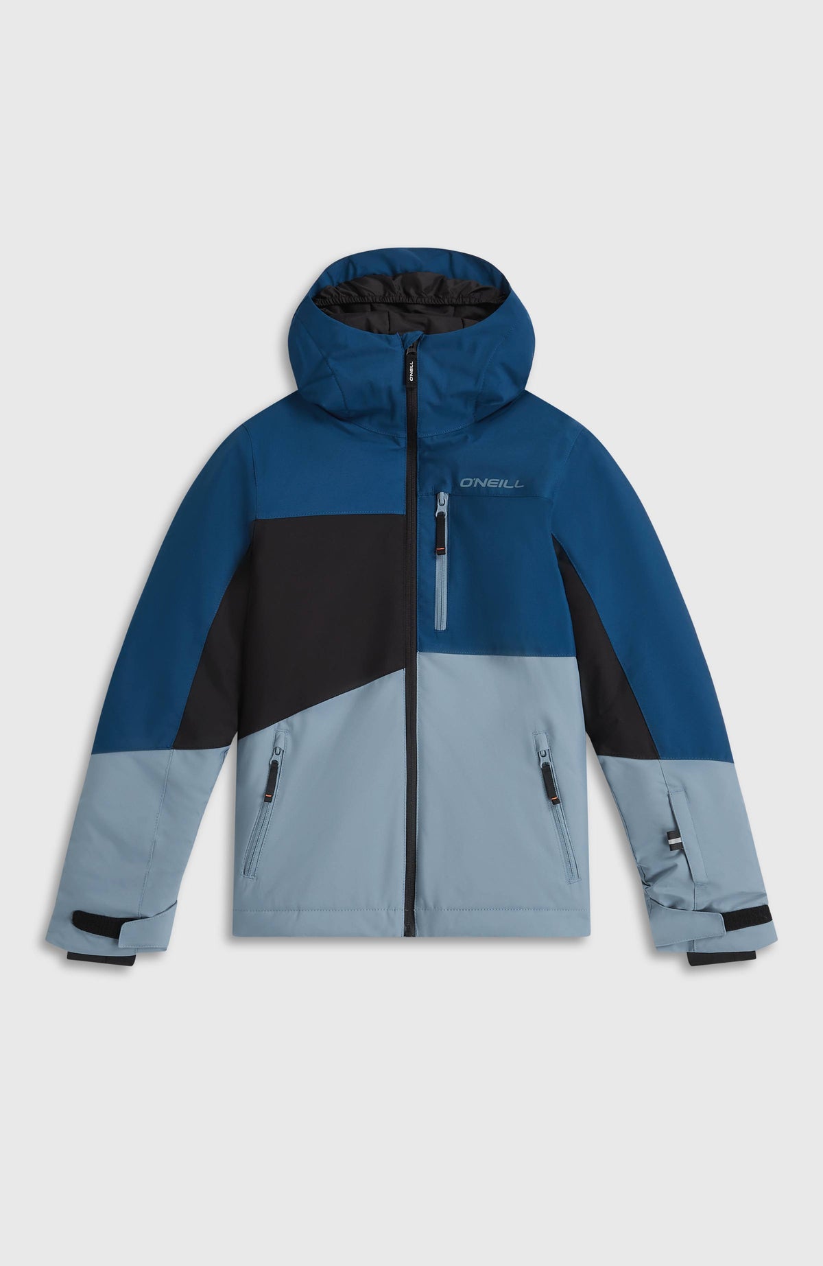 FWC'Cruz Triple Skijacke für Jungen, blau, flach liegend von vorne mit Reißverschluss, Kapuze und Taschen