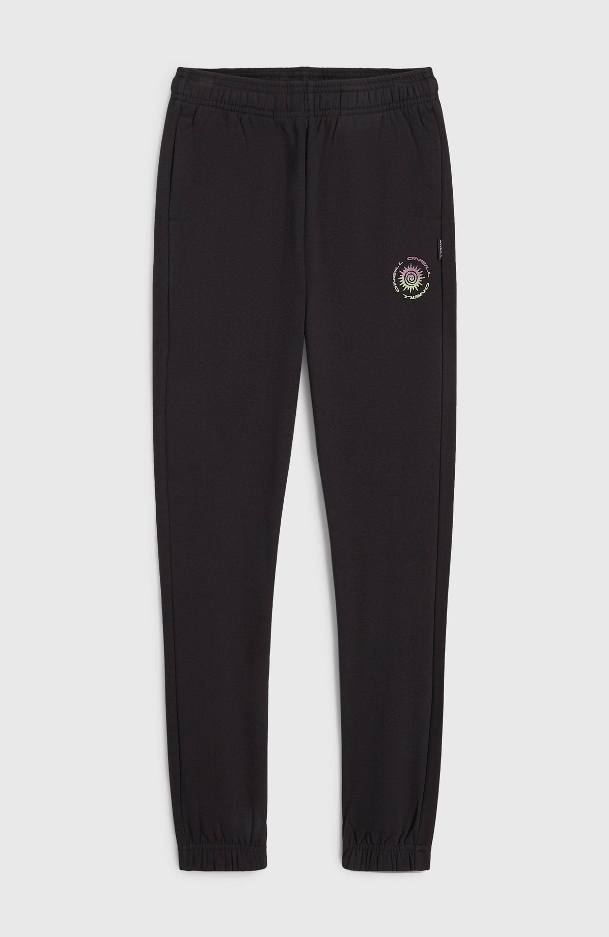 Logo Jogginghose für Jungen, schwarz mit Logo-Print in Lila und Gelb, flach liegend von vorne