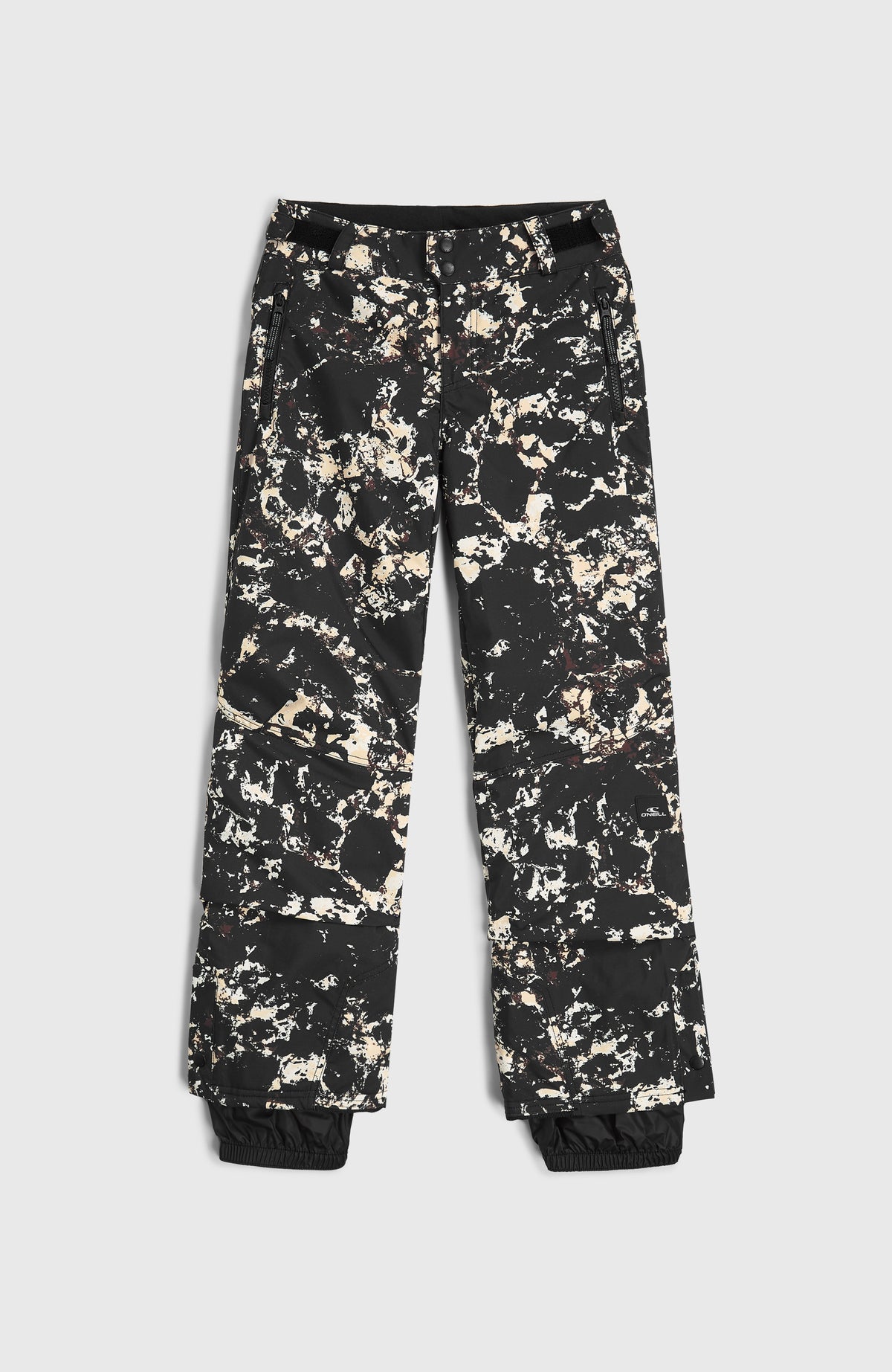 FWC'Cruz Skihose für Jungen, schwarz mit Allover-Muster in Beige, flach liegend von vorne mit Schneefang