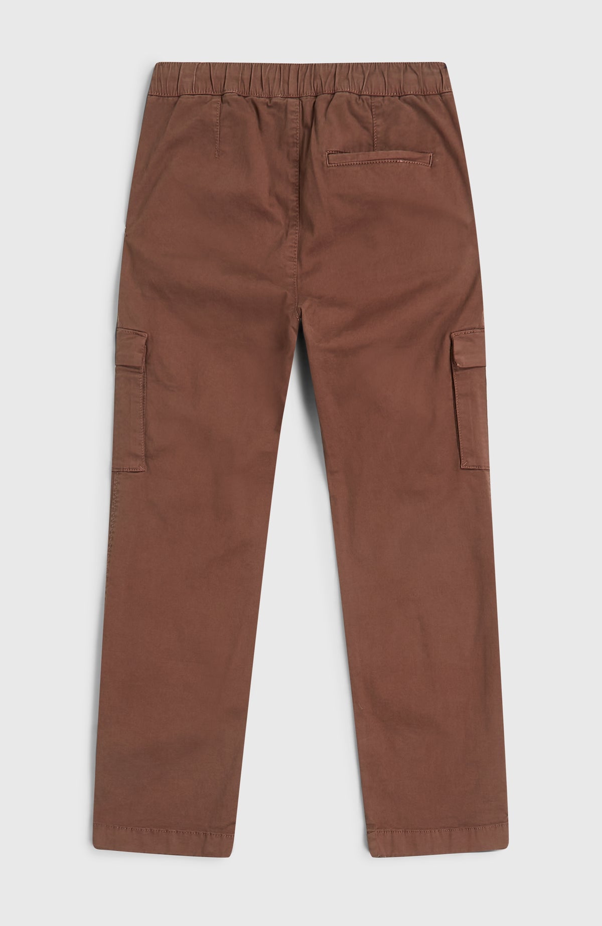 Braune Cargohose für Jungen, flach liegend von hinten mit elastischem Bund und Gesäßtasche