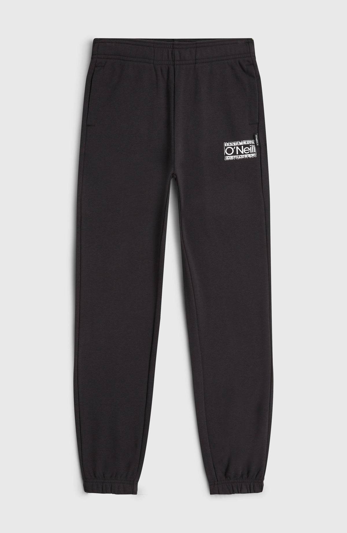 Cali Jogginghose für Jungen, schwarz mit Logo-Print in Weiß, flach liegend von vorne mit elastischem Bund