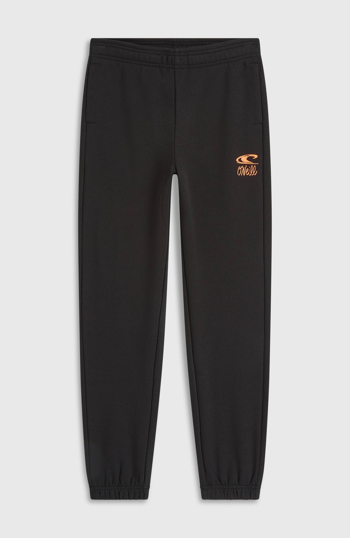 Essentials Jogginghose für Jungen, schwarz mit Logo-Print in Orange, flach liegend in der Vorderansicht