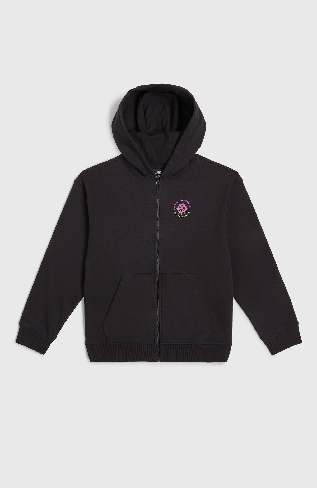Graphic Kapuzenjacke mit Reißverschluss für Jungen, schwarz, flach liegend von vorne mit Reißverschluss