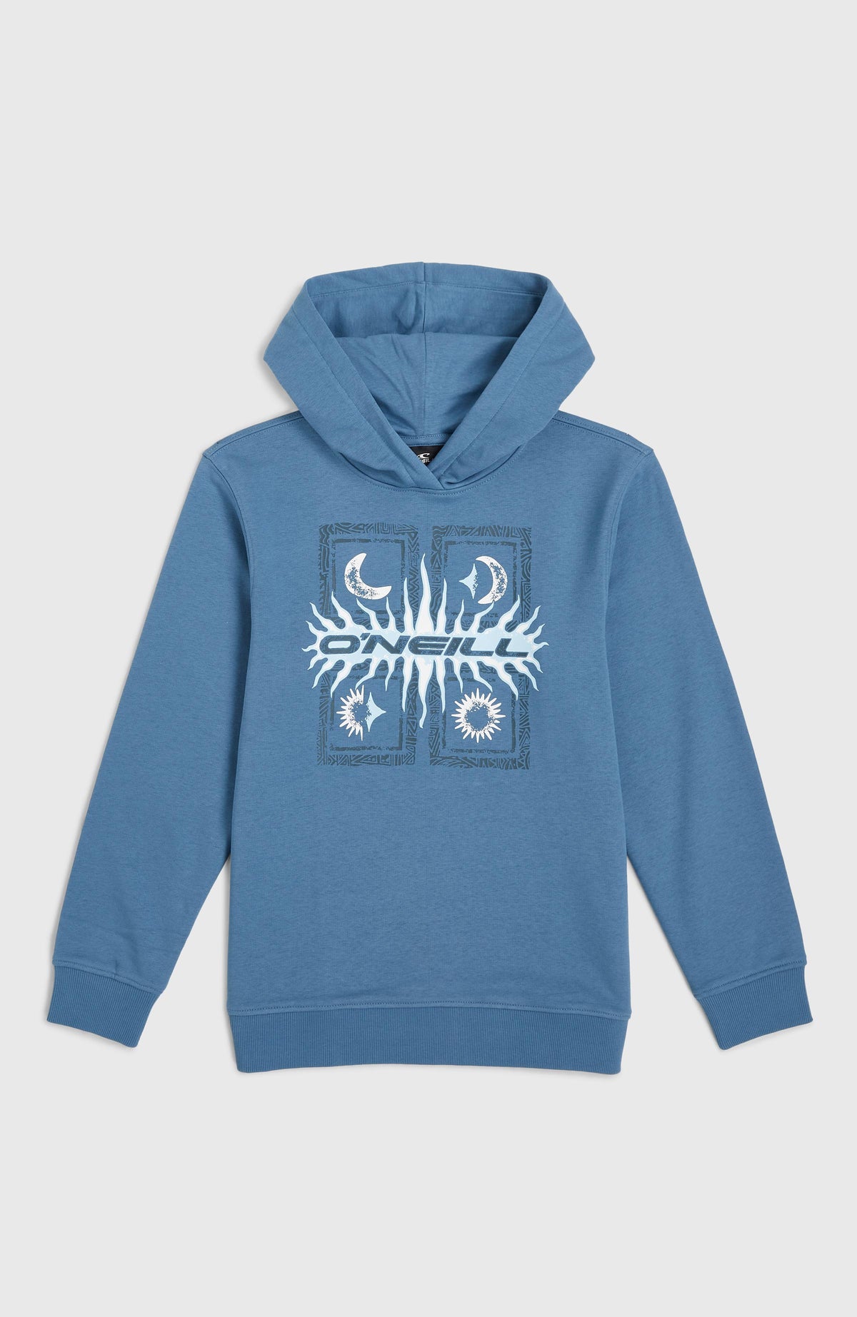 Graphic Hoodie für Jungen, blau mit Grafik-Print in Weiß, flach liegend von vorne mit Kapuze und Bündchen