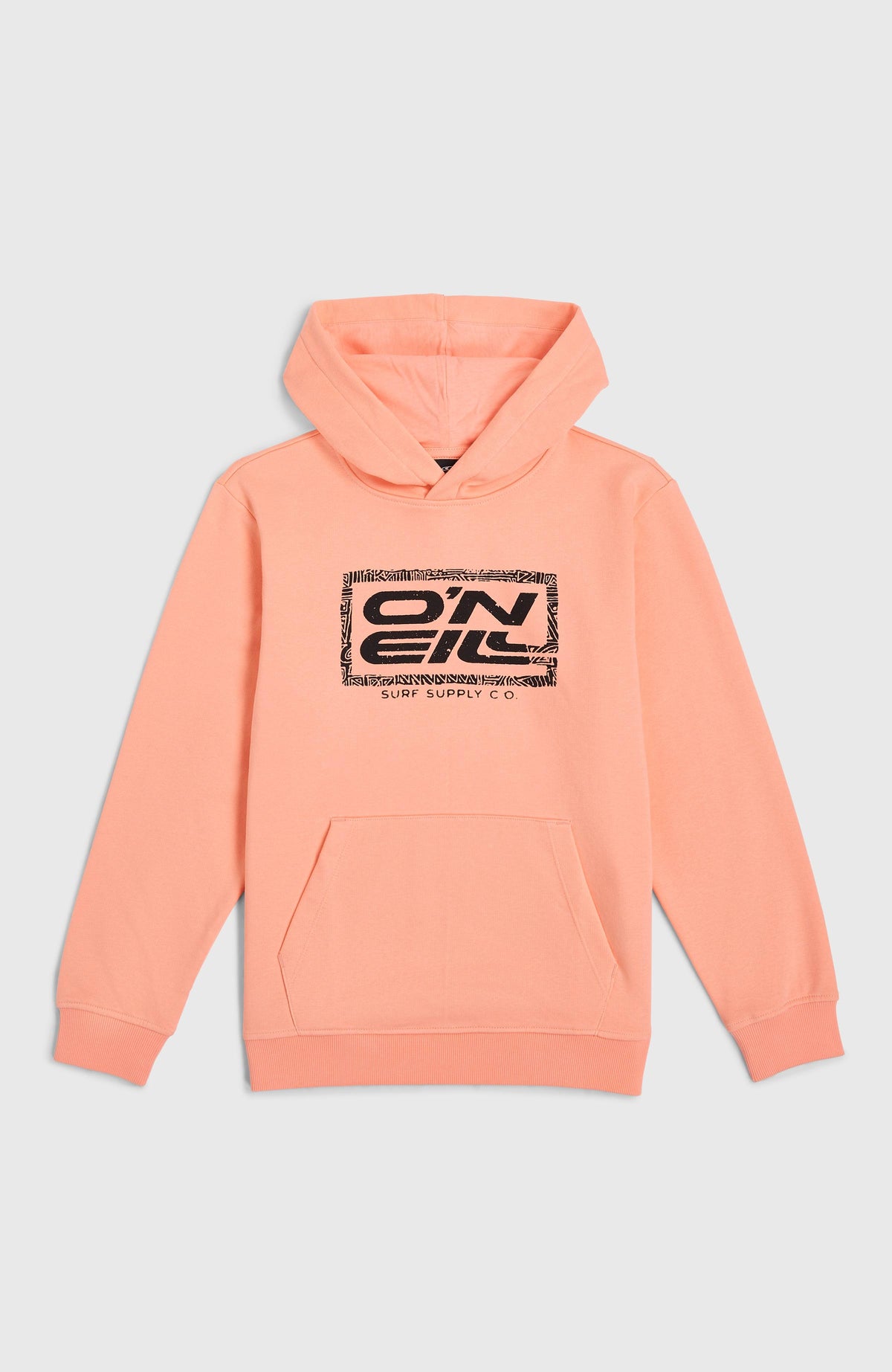 Logo Hoodie für Jungen, pink mit Logo-Print in Schwarz, flach liegend von vorne mit Kängurutasche
