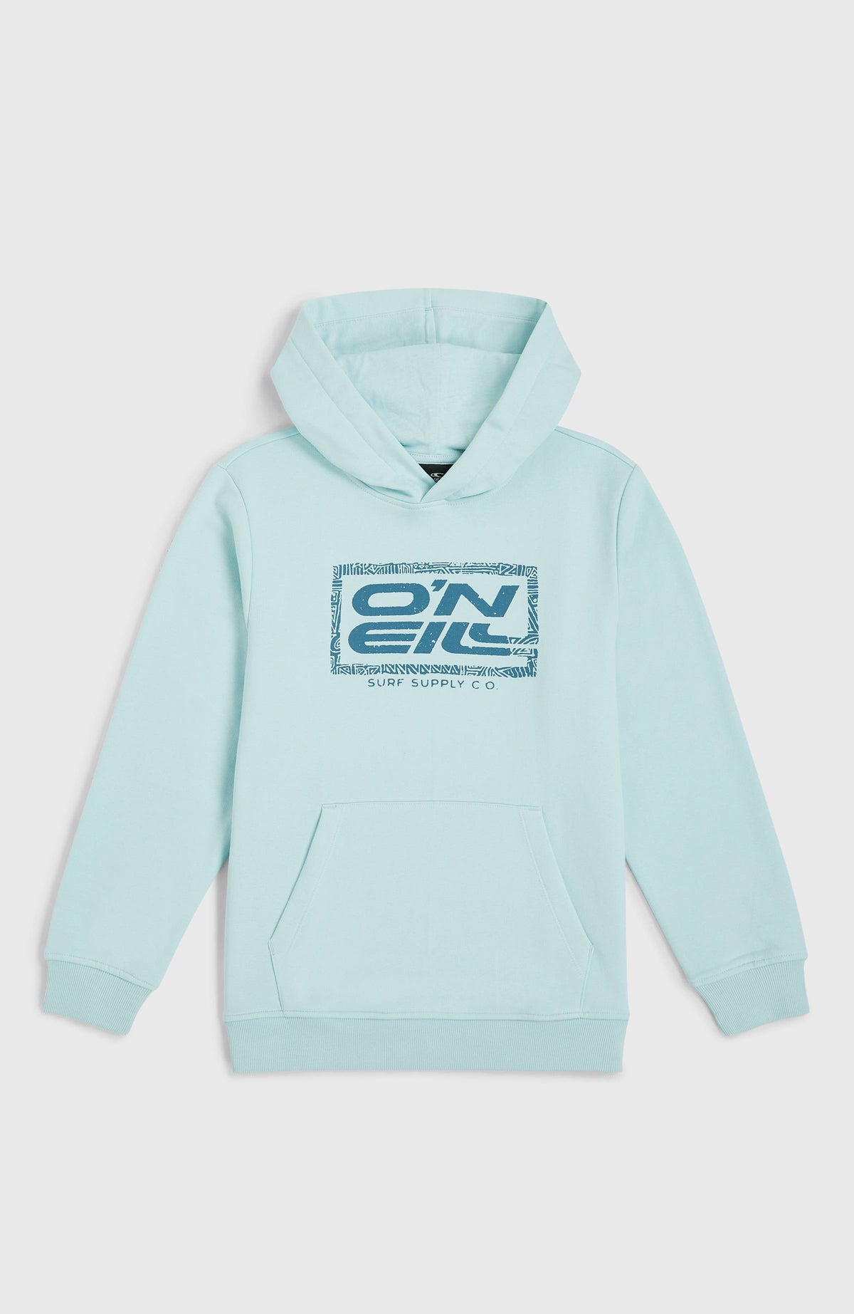 O'Neill Logo Hoodie für Jungen, blau mit Logo-Print in Dunkelblau, flach liegend von vorne mit Kängurutasche
