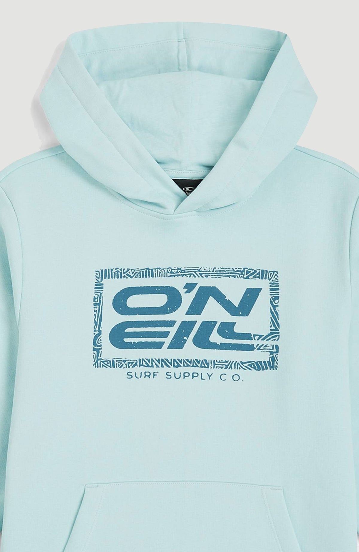 Logo Hoodie für Jungen, blau mit Logo-Print in Dunkelblau, Nahaufnahme von Kapuze und Print auf der Vorderseite