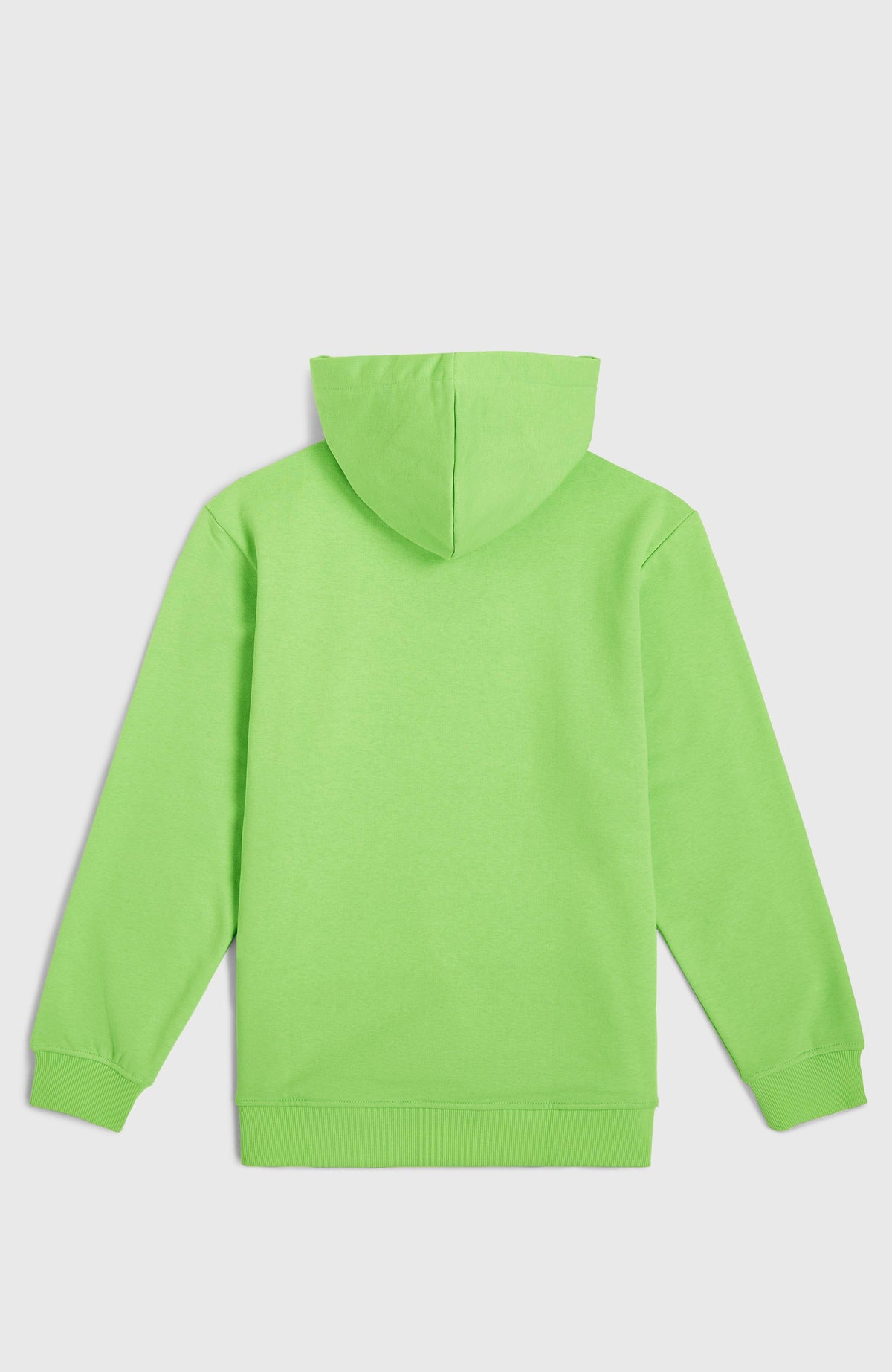 Grüner Logo Hoodie für Jungen, flach liegend von hinten mit Kapuze und Rippbündchen